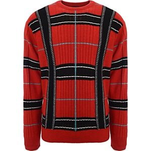 Paul Smith Mens Red Ribbed Wool Blend Geometric Grid Crewneck Sweater S